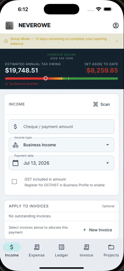 NeverØwe income entry screen showing Cømpass Engine with estimated annual tax owing $19,748.51 and set aside to date $8,259.85