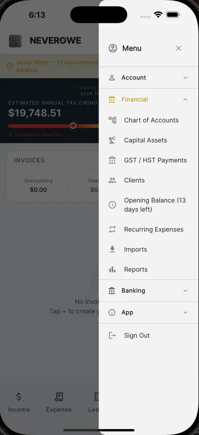 NeverØwe full menu showing Chart of Accounts, Capital Assets, GST/HST Payments, Clients, Recurring Expenses, Reports, and Banking sections